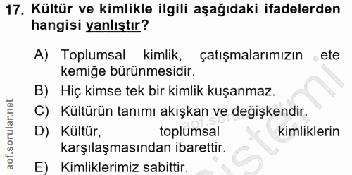 17. soru: Kültür ve kimlikle ilgili aşağıdaki ifadelerden hangisi yanlıştır? A) Toplumsal kimlik, çatışmalarımızın ete kemiğe b…