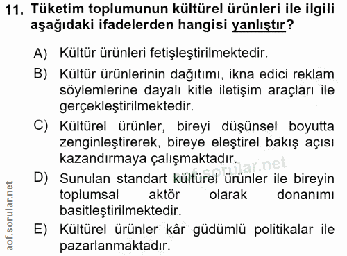 11. soru: Tüketim toplumunun kültürel ürünleri ile ilgili aşağıdaki ifadelerden hangisi yanlıştır? A) Kültür ürünleri fetişleşt…