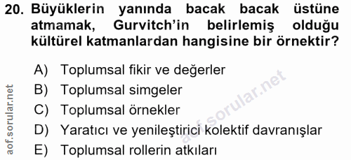 20. soru: Büyüklerin yanında bacak bacak üstüne atmamak, Gurvitch'in belirlemiş olduğu kültürel katmanlardan hangisine bir örne…