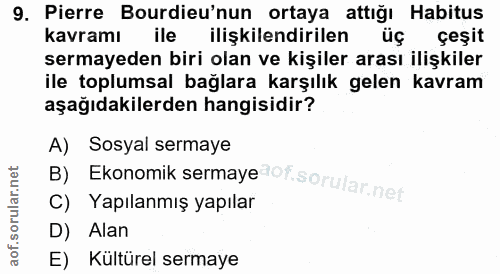 9. soru: Pierre Bourdieu'nun ortaya attığı Habitus kavramı ile ilişkilendirilen üç çeşit sermayeden biri olan ve kişiler arası…