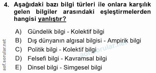 4. soru: Aşağıdaki bazı bilgi türleri ile onlara karşılık gelen bilgiler arasındaki eşleştirmelerden hangisi yanlıştır? A) Gün…