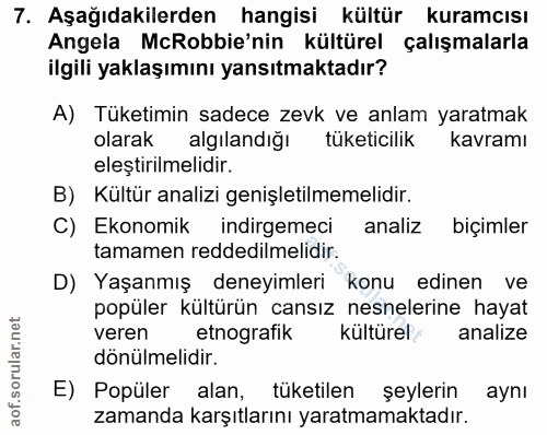 7. soru: Aşağıdakilerden hangisi kültür kuramcısı Angela McRobbie'nin kültürel çalışmalarla ilgili yaklaşımını yansıtmaktadır?…