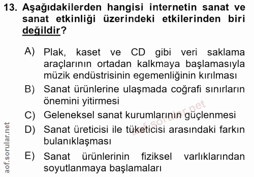 13. soru: Aşağıdakilerden hangisi internetin sanat ve sanat etkinliği üzerindeki etkilerinden biri değildir? A) Plak, kaset ve…
