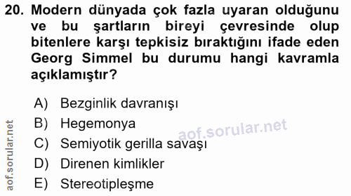 20. soru: Modern dünyada çok fazla uyaran olduğunu ve bu şartların bireyi çevresinde olup bitenlere karşı tepkisiz bıraktığını…