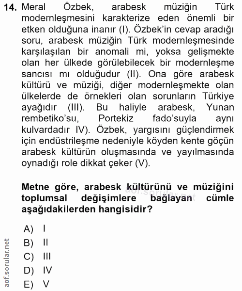 14. soru: Meral Özbek, arabesk müziğin Türk modernleşmesini karakterize eden önemli bir etken olduğuna inanır (I). Özbek'in cev…