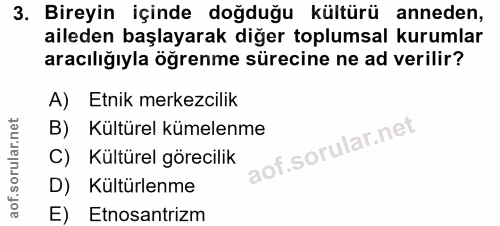 3. soru: Bireyin içinde doğduğu kültürü anneden, aileden başlayarak diğer toplumsal kurumlar aracılığıyla öğrenme sürecine ne…
