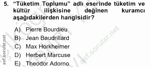 5. soru: "Tüketim Toplumu" adlı eserinde tüketim ve kültür ilişkisine değinen kuramcı aşağıdakilerden hangisidir? A) Pierre Bu…