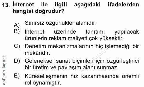 13. soru: Internet ile ilgili aşağıdaki ifadelerden hangisi doğrudur? A) Sınırsız özgürlükler alanıdır. B) İnternet üzerinde ta…