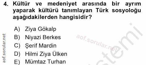 4. soru: Kültür ve medeniyet arasında bir ayrım yaparak kültürü tanımlayan Türk sosyoloğu aşağıdakilerden hangisidir? A) Ziya…