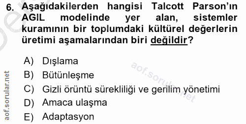 6. soru: Aşağıdakilerden hangisi Talcott Parson'ın AGIl modelinde yer alan, sistemler kuramının bir toplumdaki kültürel değerl…