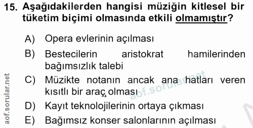 15. soru: Aşağıdakilerden hangisi müziğin kitlesel bir tüketim biçimi olmasında etkili olmamıştır? A) Opera evlerinin açılması…