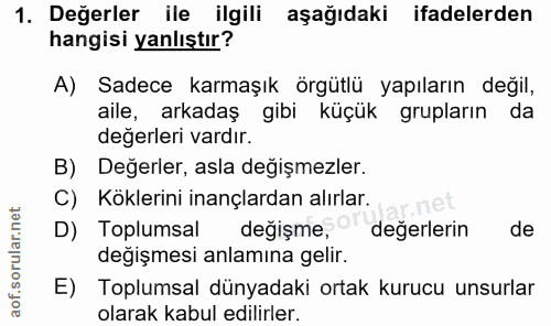 1. soru: Değerler ile ilgili aşağıdaki ifadelerden hangisi yanlıştır? A) Sadece karmaşık örgütlü yapıların değil, aile, arkada…