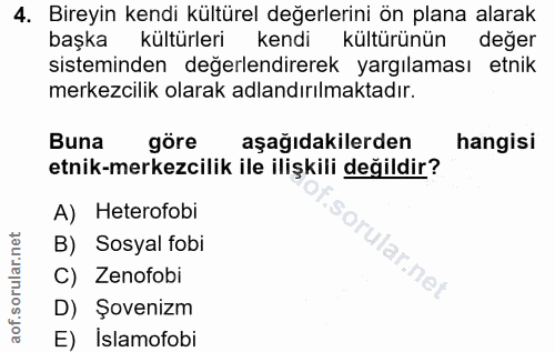 4. soru: Bireyin kendi kültürel değerlerini ön plana alarak başka kültürleri kendi kültürünün değer sisteminden değerlendirere…
