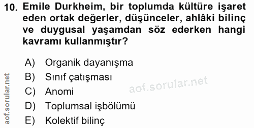 10. soru: Emile Durkheim, bir toplumda kültüre işaret eden ortak değerler, düşünceler, ahläki bilinç ve duygusal yaşamdan söz e…