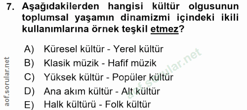 7. soru: Aşağıdakilerden hangisi kültür olgusunun toplumsal yaşamın dinamizmi içindeki ikili kullanımlarına örnek teşkil etmez…
