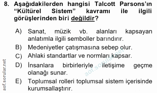 8. soru: Aşağıdakilerden hangisi Talcott Parsons'in "Kültürel Sistem" kavramı ile ilgili görüşlerinden biri değildir? A) Sanat…