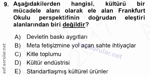 9. soru: Aşağıdakilerden hangisi, kültürü bir mücadele alanı olarak ele alan Frankfurt Okulu perspektifinin doğrudan eleştiri…