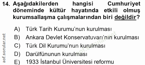 14. soru: Aşağıdakilerden hangisi Cumhuriyet döneminde kültür hayatında etkili olmuş kurumsallaşma çalışmalarından biri değildi…
