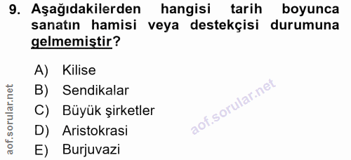 9. soru: Aşağıdakilerden hangisi tarih tarih boyunca sanatın hamisi veya destekçisi durumuna gelmemiştir? A) Kilise B) Sendika…