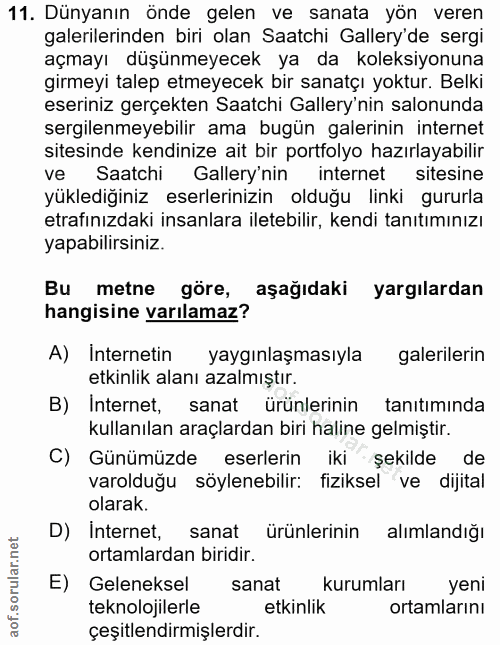 11. soru: Dünyanın önde gelen ve sanata yön veren galerilerinden biri olan Saatchi Gallery'de sergi açmayı düşünmeyecek ya da k…