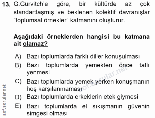 13. soru: G.Gurvitch'e göre, bir kültürde az çok standartlaşmış ve beklenen kolektif davranışlar "toplumsal örnekler" katmanını…
