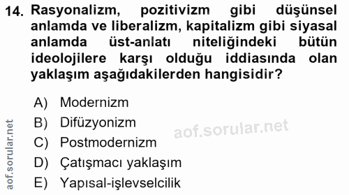 14. soru: Rasyonalizm, pozitivizm gibi düşünsel anlamda ve liberalizm, kapitalizm gibi siyasal anlamda üst-anlatı niteliğindeki…