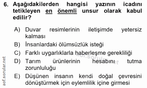 6. soru: Aşağıdakilerden hangisi yazının icadını tetikleyen en önemli unsur olarak kabul edilir? A) Duvar resimlerinin iletişi…