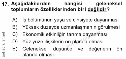17. soru: Aşağıdakilerden hangisi geleneksel toplumların özelliklerinden biri değildir? A) Iş bölümünün yaşa ve cinsiyete dayan…