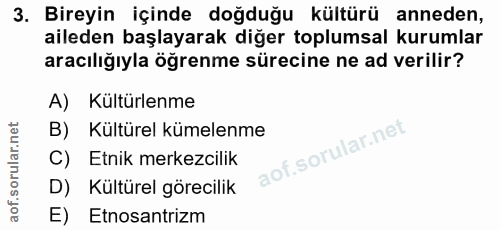 3. soru: Bireyin içinde doğduğu kültürü anneden, aileden başlayarak diğer toplumsal kurumlar aracılığıyla öğrenme sürecine ne…