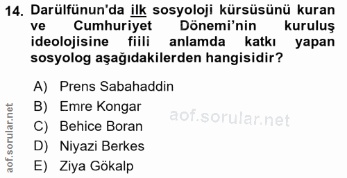14. soru: Darülfünun'da ilk sosyoloji kürsüsünü kuran ve Cumhuriyet Dönemi'nin kuruluş ideolojisine fiili anlamda katkı yapan s…