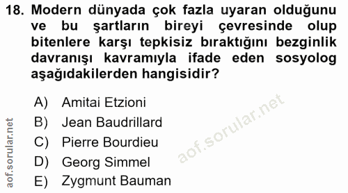 18. soru: Modern dünyada çok fazla uyaran olduğunu ve bu şartların bireyi çevresinde olup bitenlere karşı tepkisiz bıraktığını…