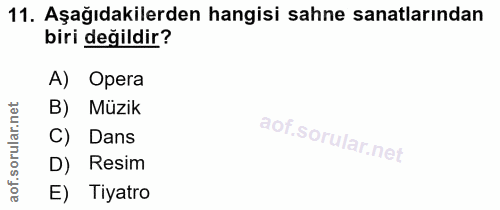 11. soru: Aşağıdakilerden hangisi sahne sanatlarından biri değildir? A) Opera lar.net B) Müzik C) Dans D) Resim aof. E) Tiyatro