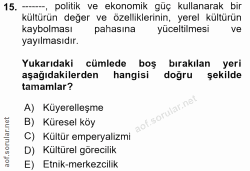 15. soru: — politik ve ekonomik güç kullanarak bir kültürün değer ve özelliklerinin, yerel kültürün kaybolması pahasına yücelti…