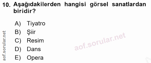 10. soru: Aşağıdakilerden hangisi görsel sanatlardan biridir? A) Tiyatro B) Şiir C) Resim D) Dans E) Opera