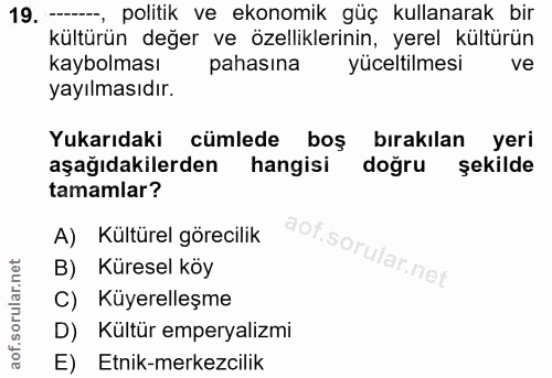 19. soru: — politik ve ekonomik güç kullanarak bir kültürün değer ve özelliklerinin, yerel kültürün kaybolması pahasına yücelti…