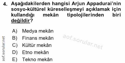 4. soru: Aşağıdakilerden hangisi Arjun Appadurai'nin sosyo-kültürel küreselleşmeyi açıklamak için Kullandığı mekân tipolojiler…