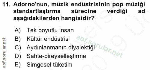 11. soru: Adorno'nun, müzik endüstrisinin pop müziği standartlaştırma sürecine verdiği ad aşağıdakilerden hangisidir? A) Tek bo…
