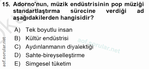 15. soru: Adorno'nun, müzik endüstrisinin pop müziği standartlaştırma sürecine verdiği ad aşağıdakilerden hangisidir? A) Tek bo…