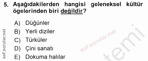 5. soru: Aşağıdakilerden hangisi geleneksel kültür ögelerinden biri değildir? A) Dugunler B) Yerli diziler C) Türküler em D) Ç…