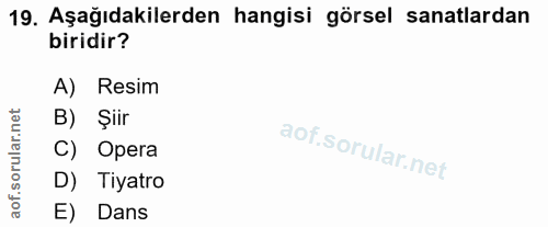 19. soru: Aşağıdakilerden hangisi görsel sanatlardan biridir? A) Resim orular.net B) Şiir C) Opera D) Tiyatro aof. E) Dans