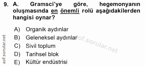 9. soru: A. Gramsci'ye göre, hegemonyanın oluşmasında en önemli rolü aşağıdakilerden hangisi oynar? A) Organik aydınlar B) Gel…