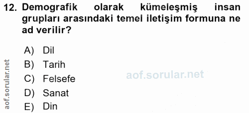 12. soru: Demografik olarak kümeleşmiş insan grupları arasındaki temel iletişim formuna ne ad verilir? A) Dil B) Tarih C) Felse…