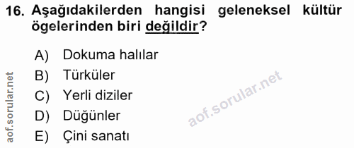 16. soru: Aşağıdakilerden hangisi geleneksel kültür ögelerinden biri değildir? A) Dokuma halılar B) Türküler C) Yerli diziler D…