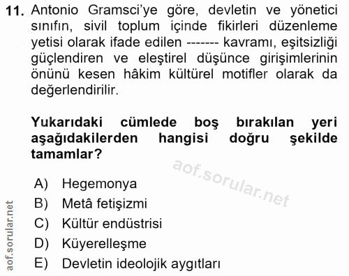 11. soru: Antonio Gramsciye göre, devletin ve yönetici sınıfın, sivil toplum içinde fikirleri düzenleme yetisi olarak ifade edi…