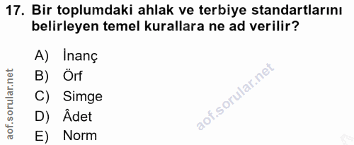 17. soru: Bir toplumdaki ahlak ve terbiye standartlarını belirleyen temel kurallara ne ad verilir? A) Inanç B) Örf C) Simge D)…