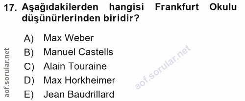 17. soru: Aşağıdakilerden hangisi Frankfurt Okulu düşünürlerinden biridir? A) Max Weber B) Manuel Castells C) Alain Touraine D)…