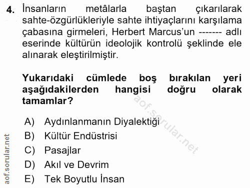 4. soru: İnsanların metâlarla baştan çıkarılarak sahte-özgürlükleriyle sahte ihtiyaçlarını karşılama çabasına girmeleri, Herbe…