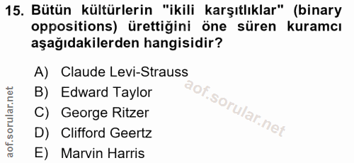15. soru: Bütün kültürlerin "ikili karşıtlıklar" (binary oppositions) ürettiğini öne süren kuramcı aşağıdakilerden hangisidir?…