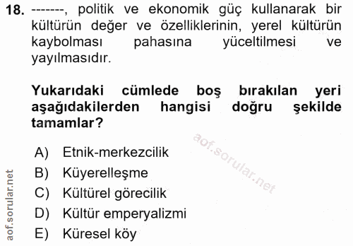 18. soru: - politik ve ekonomik güç kullanarak bir kültürün değer ve özelliklerinin, yerel kültürün kaybolması pahasına yücelti…