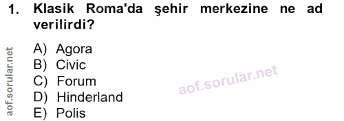1. soru: Klasik Roma'da şehir merkezine ne ad verilirdi? A) Agora B) Civic C) Forum D) Hinderland E) Polis